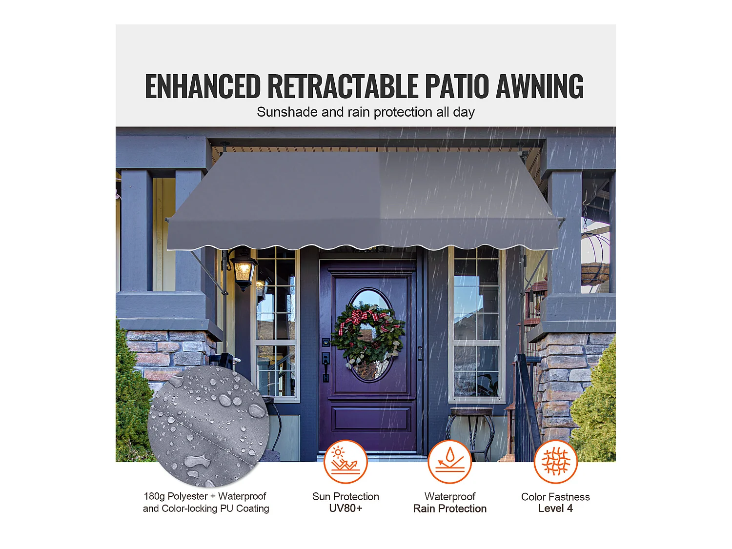 Rozkładana Markiza SucceBuy, 249 x 119 cm, Markiza Tarasowa, Chroniaca Przeciw Słońcu z Ręcznym Kołem, Szary Ciemny