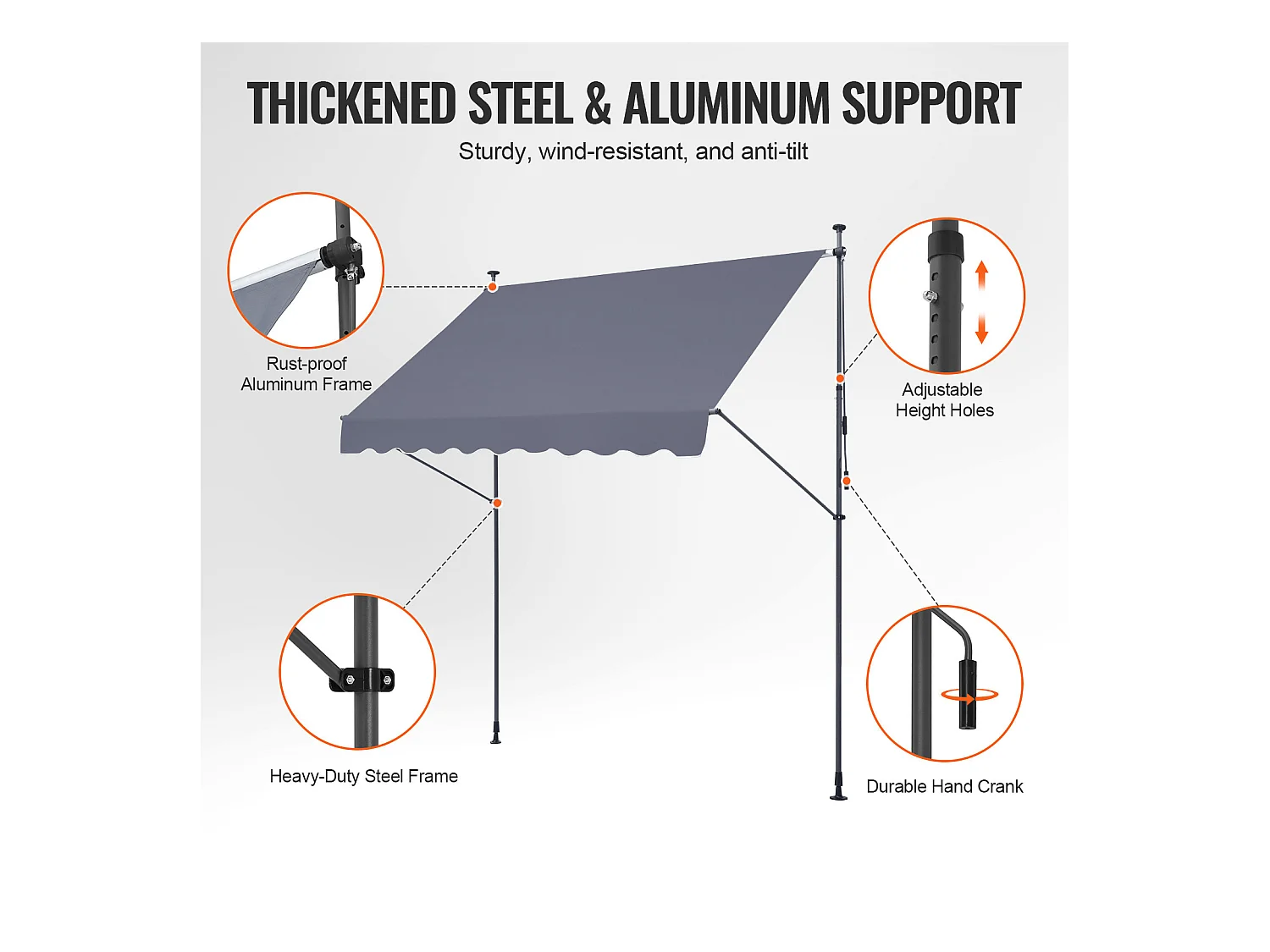 Rozkładana Markiza SucceBuy, 249 x 119 cm, Markiza Tarasowa, Chroniaca Przeciw Słońcu z Ręcznym Kołem, Szary Ciemny