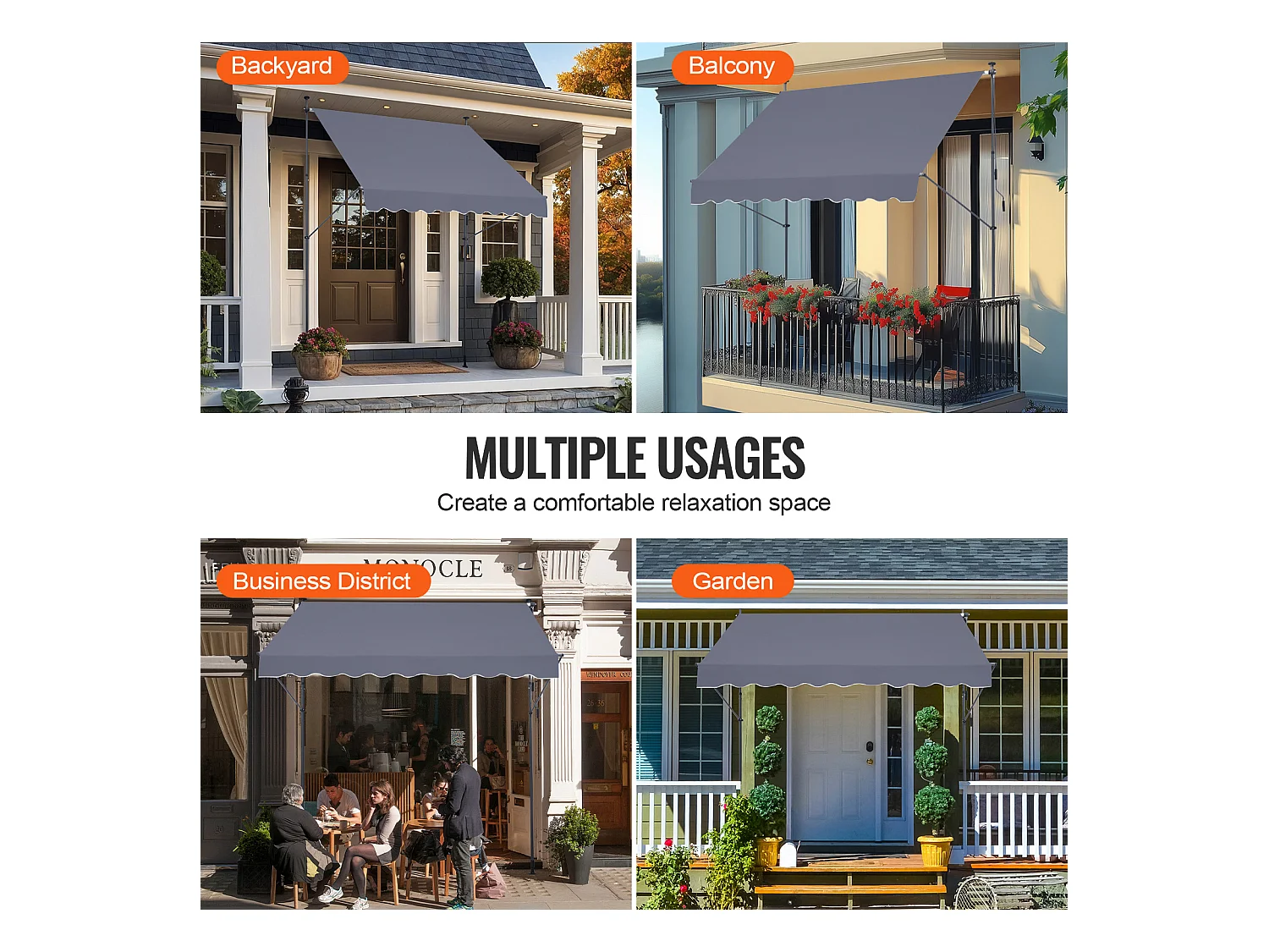 Rozkładana Markiza SucceBuy, 249 x 119 cm, Markiza Tarasowa, Chroniaca Przeciw Słońcu z Ręcznym Kołem, Szary Ciemny