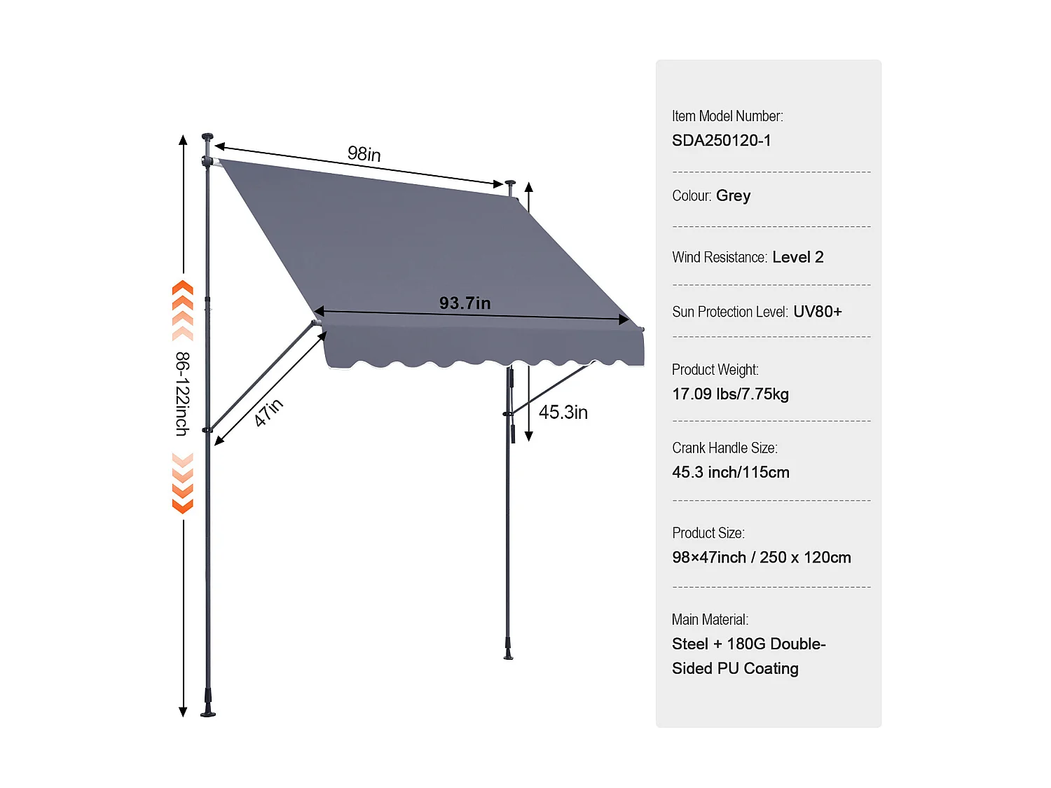 Auvent Rétractable SucceBuy, 249 x119 cm, Auvent de Terrasse, Abri pare-Soleil avec Manivelle, Gris foncé