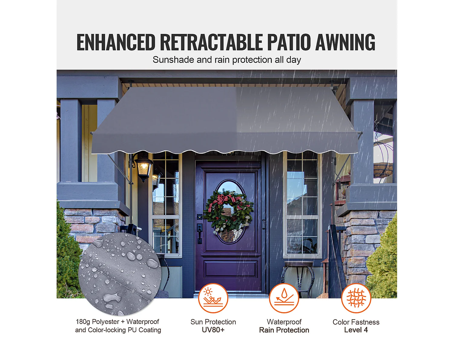 Auvent Rétractable SucceBuy, 249 x119 cm, Auvent de Terrasse, Abri pare-Soleil avec Manivelle, Gris foncé