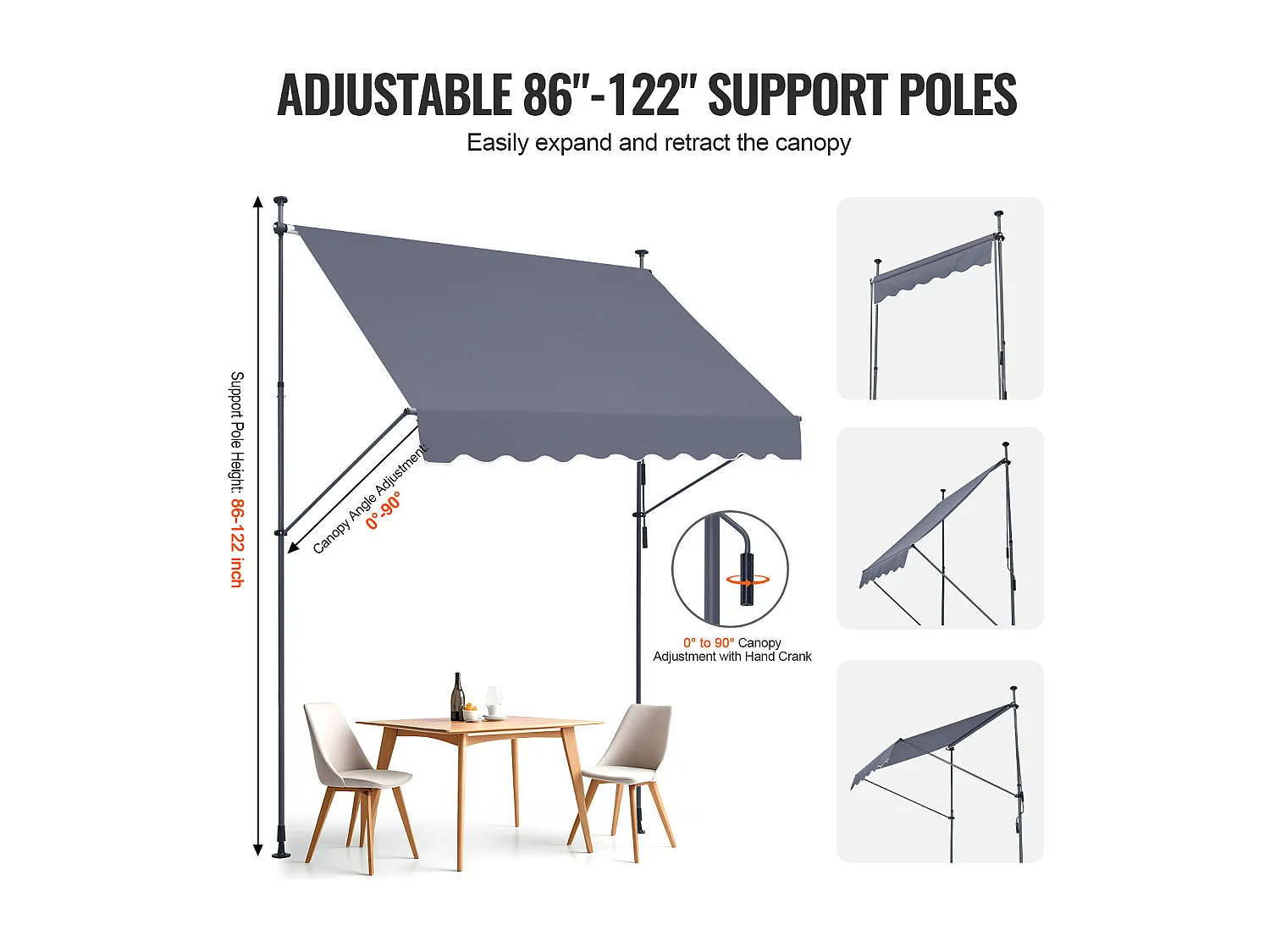 Auvent Rétractable SucceBuy, 249 x119 cm, Auvent de Terrasse, Abri pare-Soleil avec Manivelle, Gris foncé