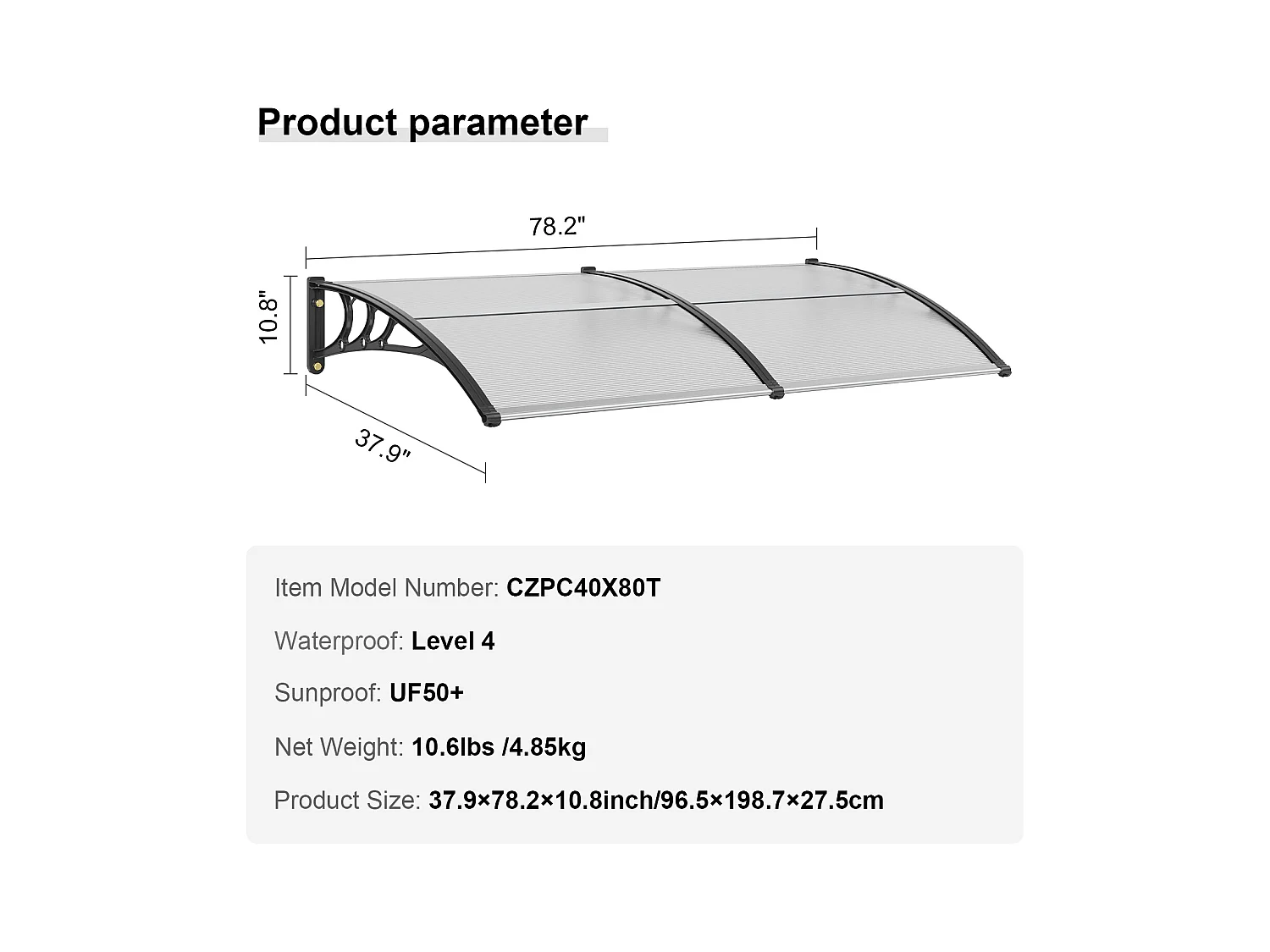 Auvent de Porte d'Entrée SucceBuy Auvent de Porte et Fenêtre, 96.52 x 198.12cm Feuille PC Protection UV et Pluie, Polycarbonate