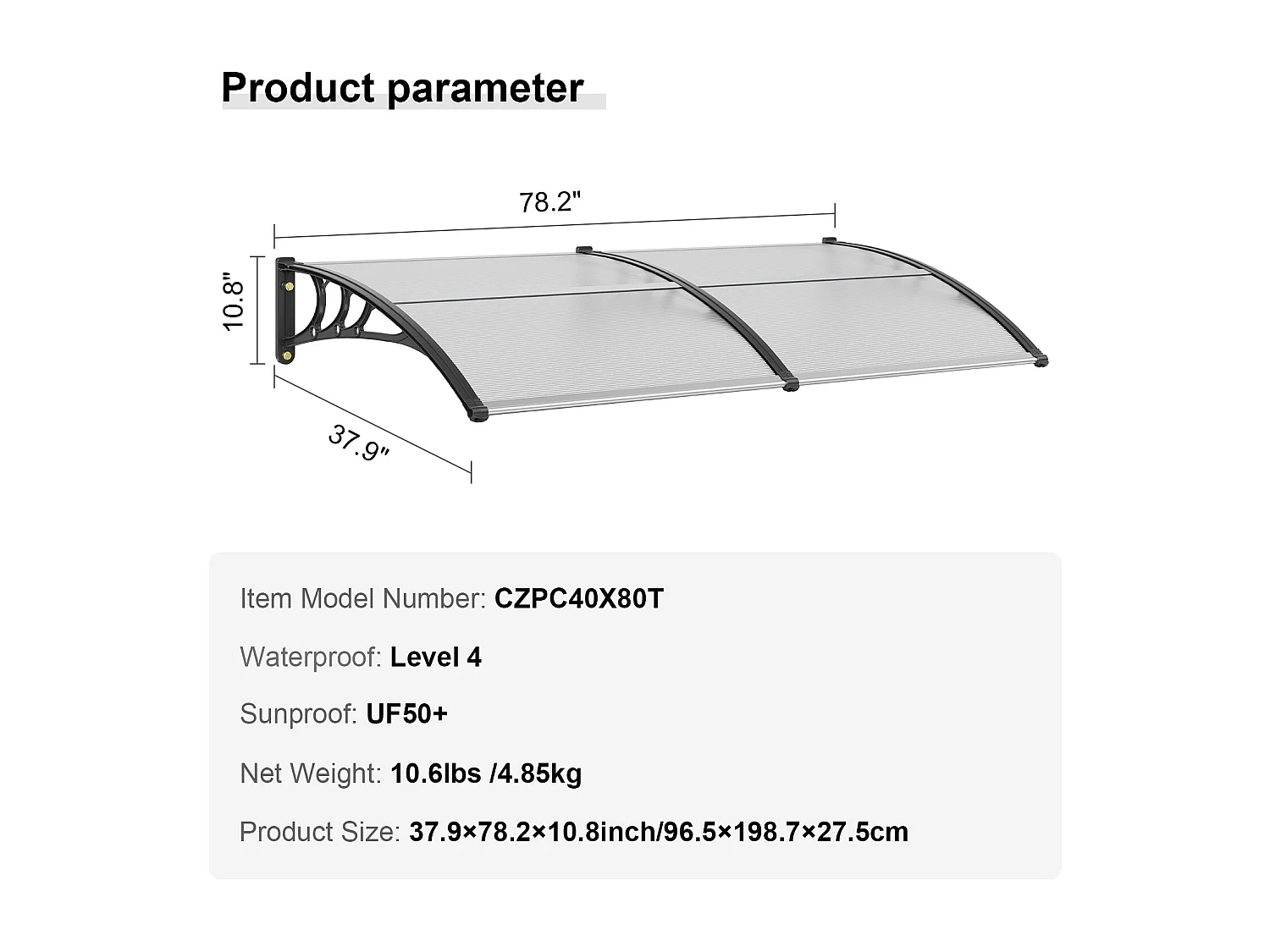 Auvent de Porte d'Entrée SucceBuy Auvent de Porte et Fenêtre, 96.52 x 198.12cm Feuille PC Protection UV et Pluie, Polycarbonate