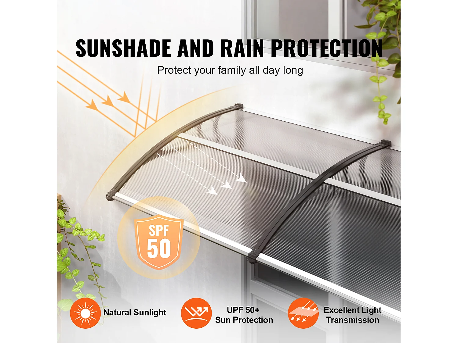 Auvent de Porte d'Entrée SucceBuy Auvent de Porte et Fenêtre, 96.52 x 198.12cm Feuille PC Protection UV et Pluie, Polycarbonate