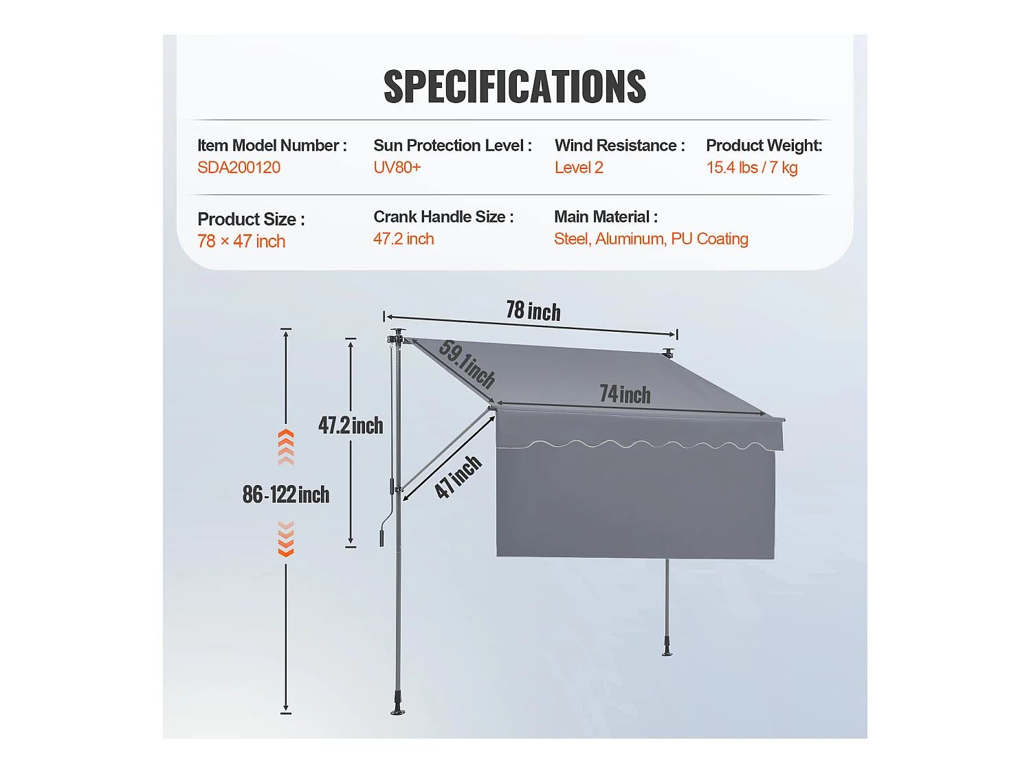 Auvent Rétractable SucceBuy, 198 x 119 cm, Auvent de Terrasse, Abri pare-Soleil, Hauteur 218- 310 cm