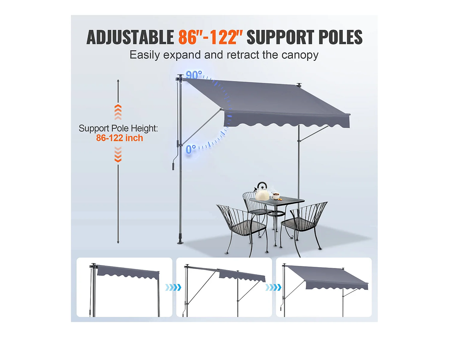 Auvent Rétractable SucceBuy, 198 x 119 cm, Auvent de Terrasse, Abri pare-Soleil, Hauteur 218- 310 cm