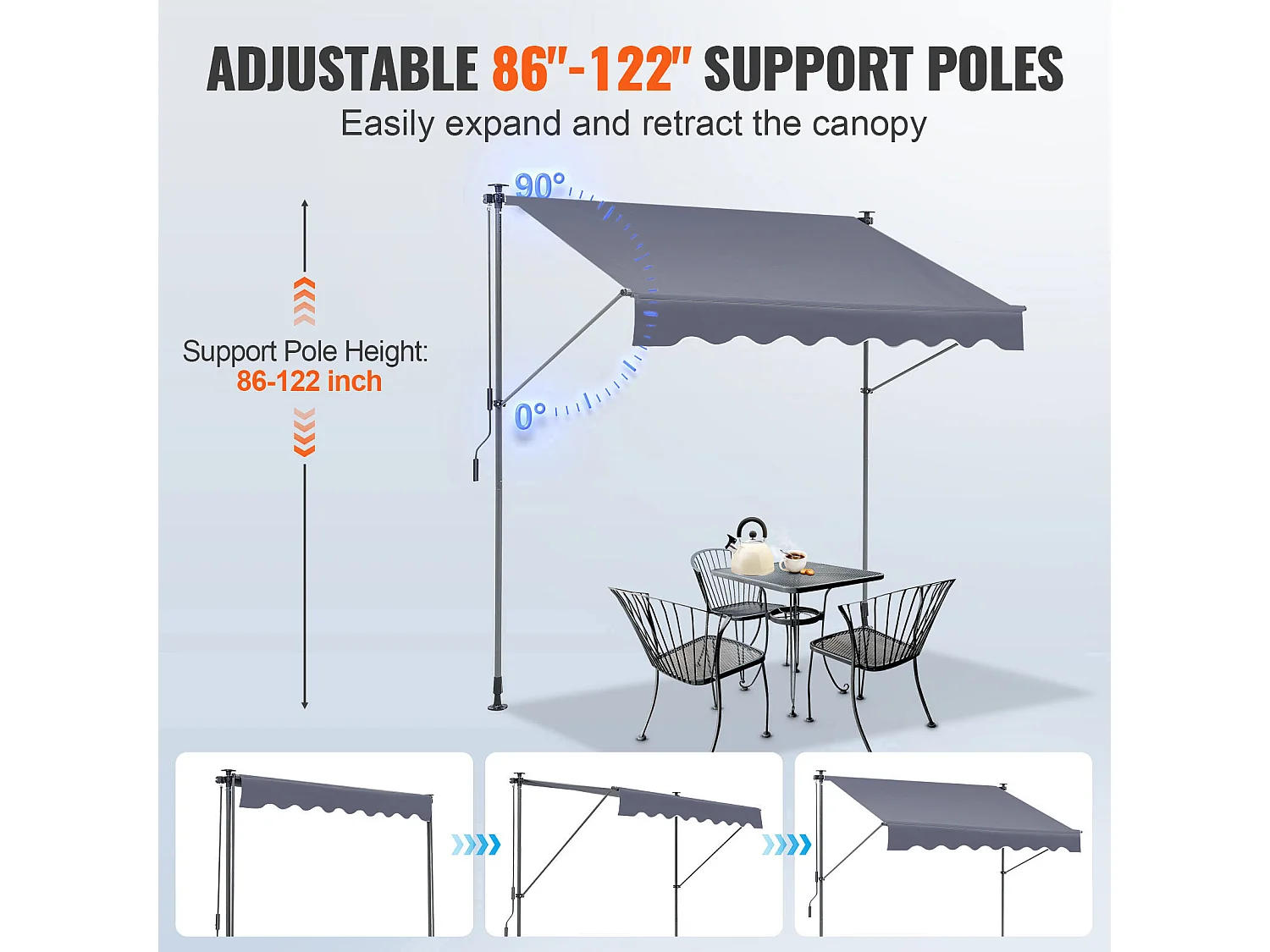 Auvent Rétractable SucceBuy, 198 x 119 cm, Auvent de Terrasse, Abri pare-Soleil, Hauteur 218- 310 cm