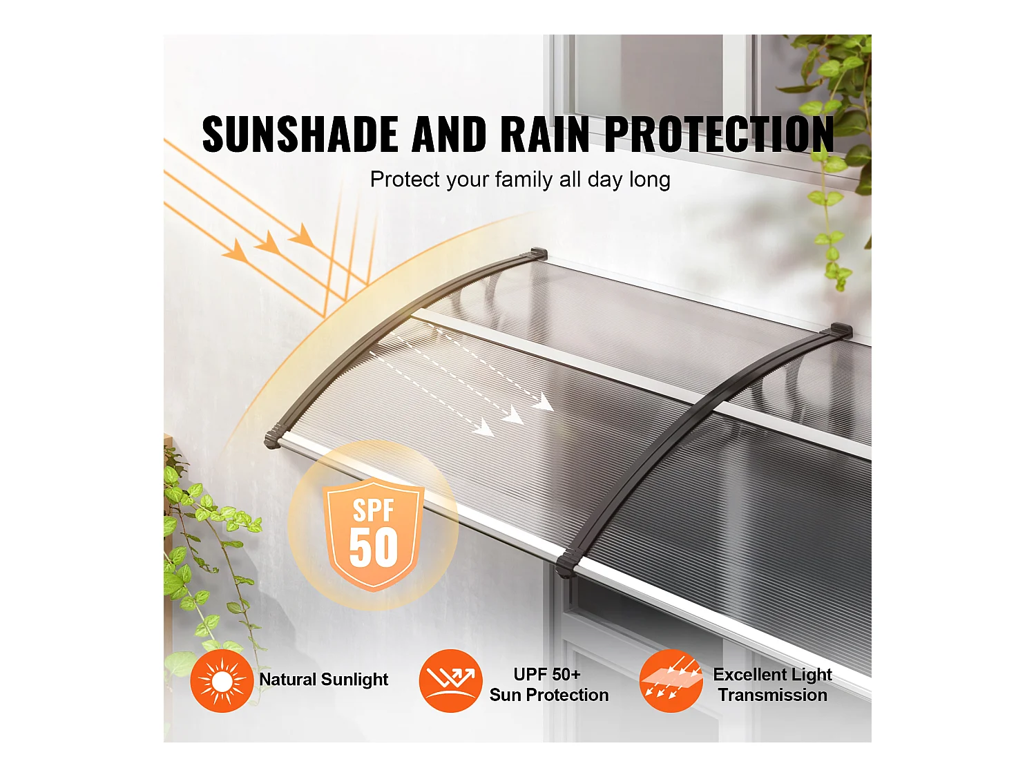 Auvent de Porte d'Entrée SucceBuy Auvent de Porte et Fenêtre 96,5 x 101,6 cm en Feuille de PC, Protection Contre les UV et la Pluie, Polycarbonate