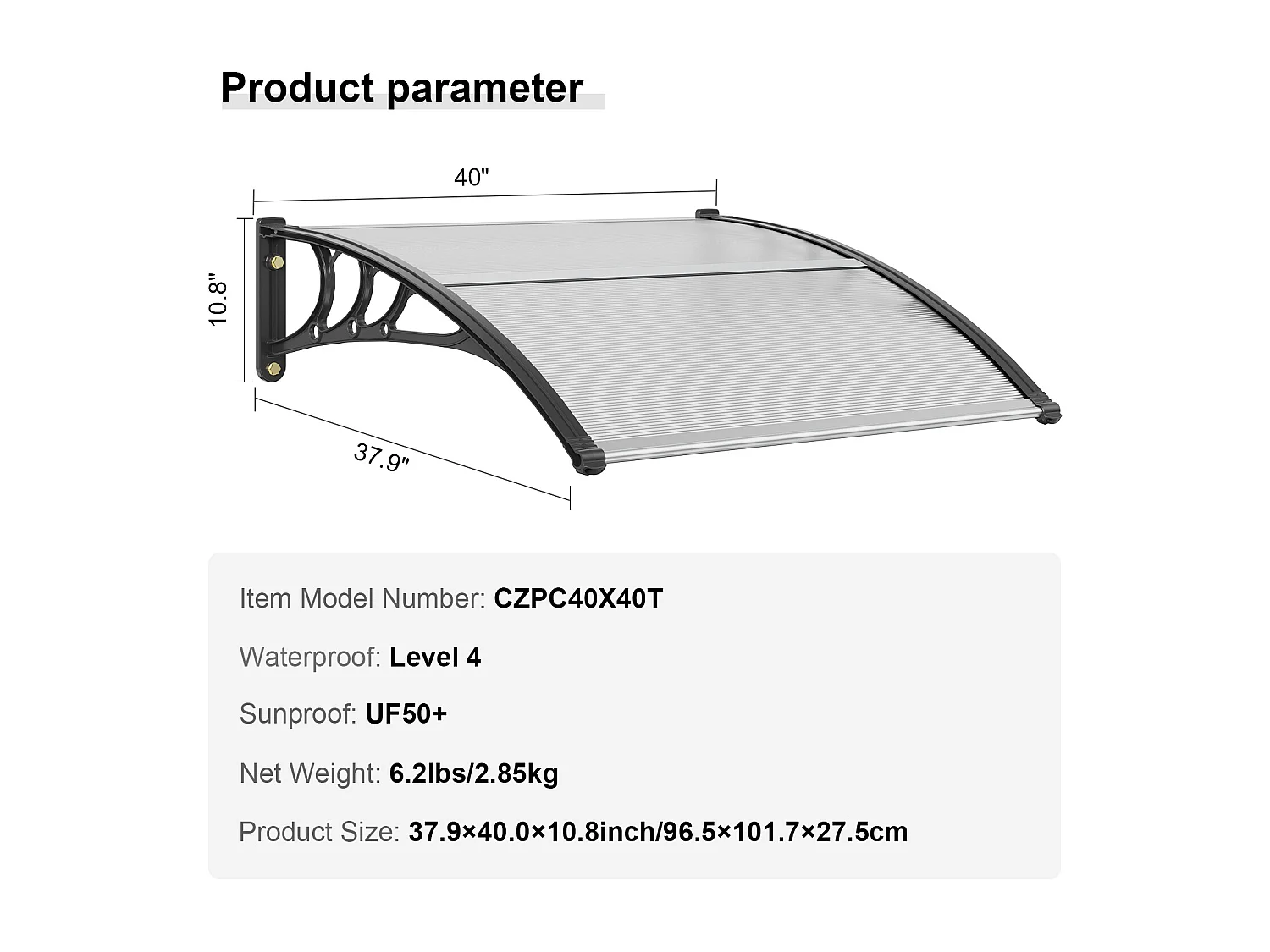 Auvent de Porte d'Entrée SucceBuy Auvent de Porte et Fenêtre 96,5 x 101,6 cm en Feuille de PC, Protection Contre les UV et la Pluie, Polycarbonate