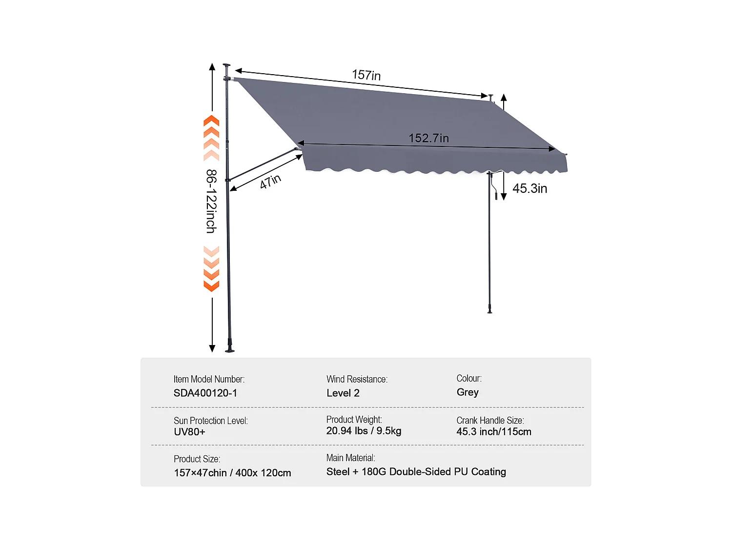 Auvent Rétractable SucceBuy, 399 x 119 cm, Auvent de Terrasse, Abri pare-Soleil avec Manivelle, Gris foncé