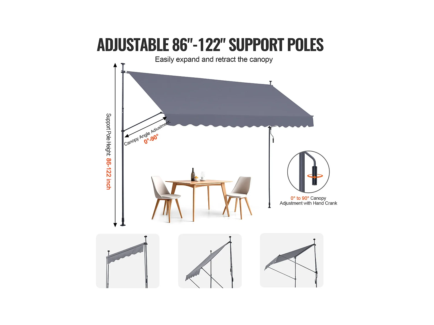 Auvent Rétractable SucceBuy, 399 x 119 cm, Auvent de Terrasse, Abri pare-Soleil avec Manivelle, Gris foncé