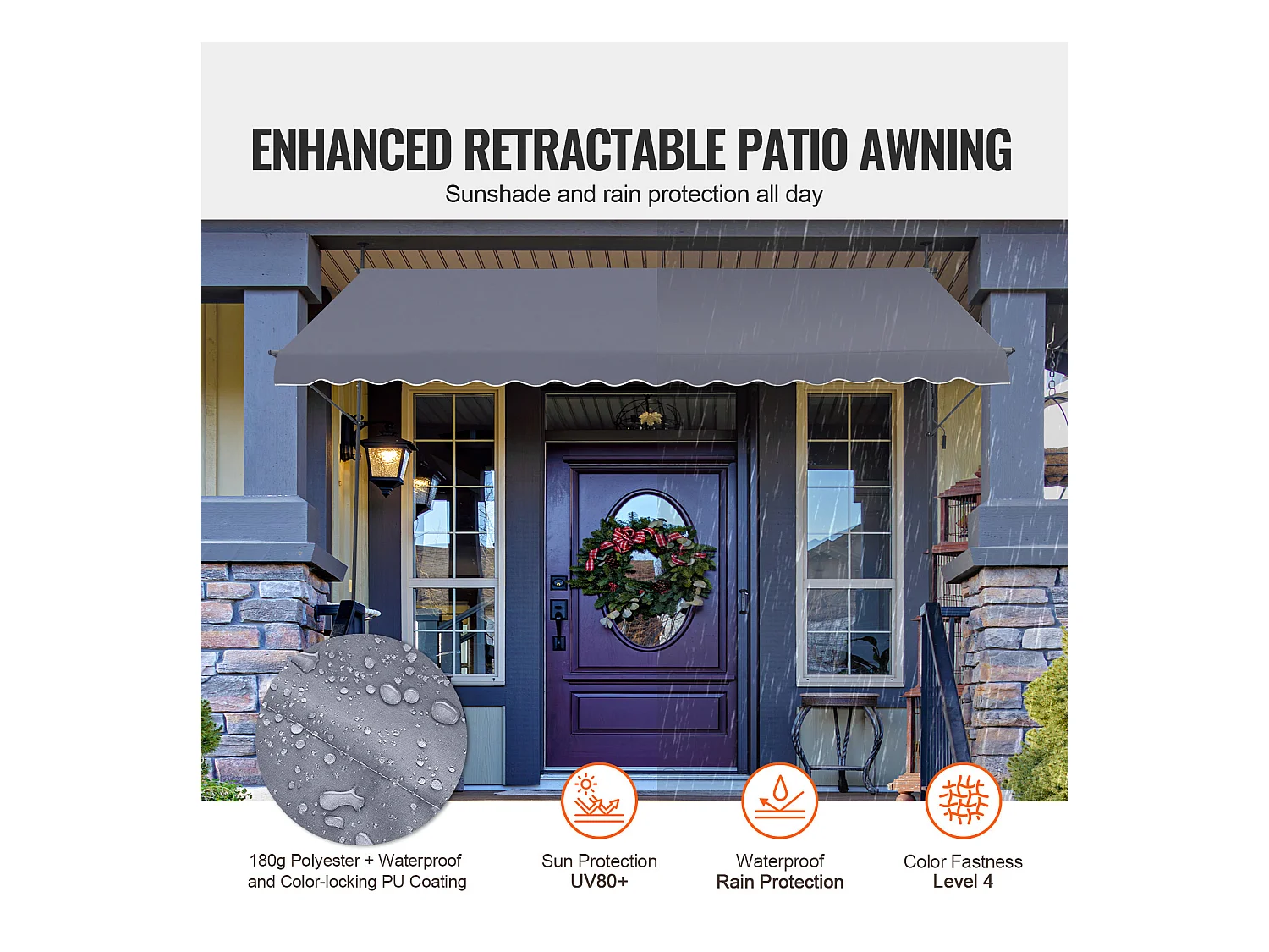 Retractabele Tuinsier SucceBuy, 399 x 119 cm, Terrasoverkapping, Zonnescherm met Handwiel, Donkergrijs