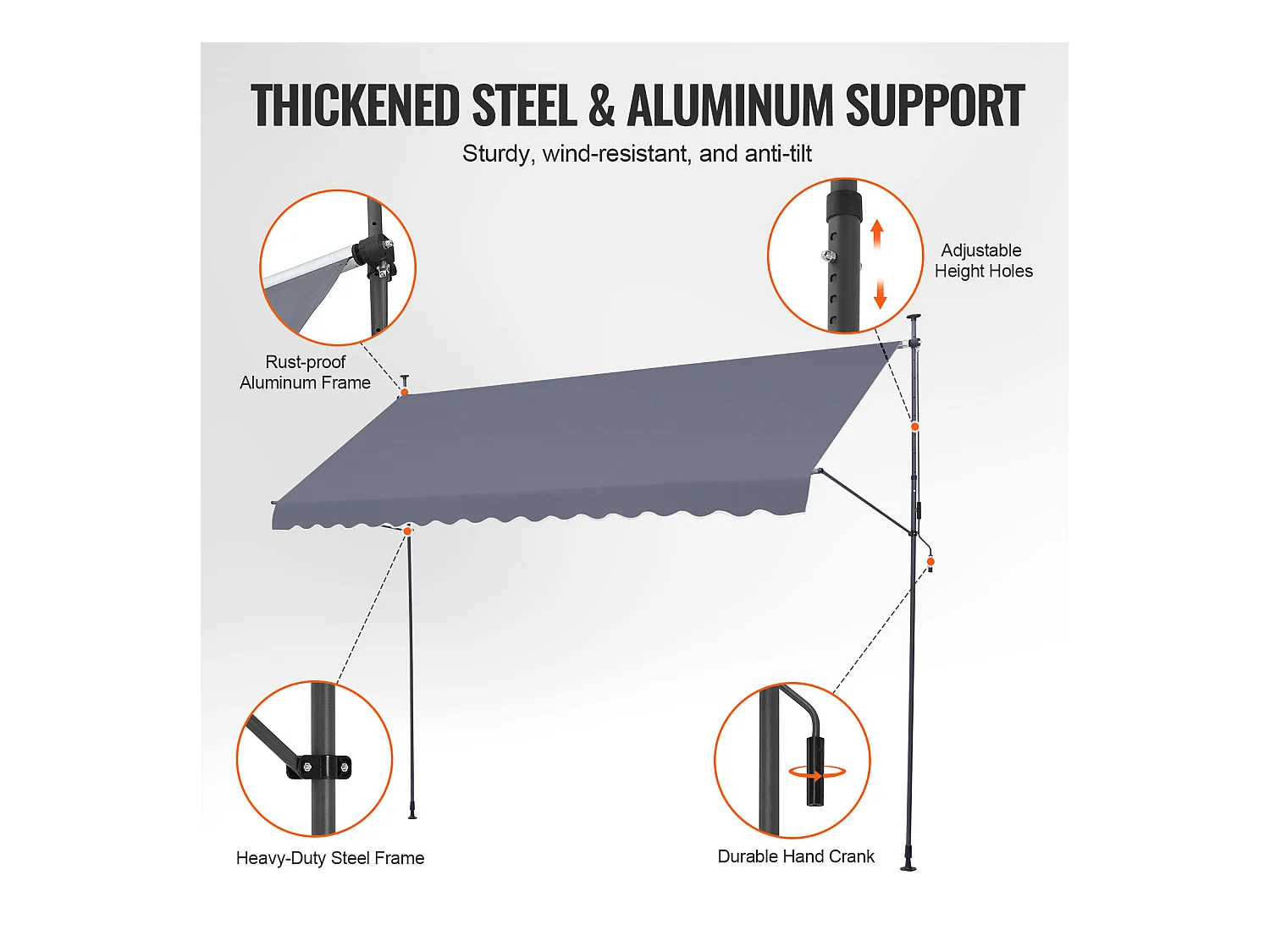 Retractabele Tuinsier SucceBuy, 399 x 119 cm, Terrasoverkapping, Zonnescherm met Handwiel, Donkergrijs