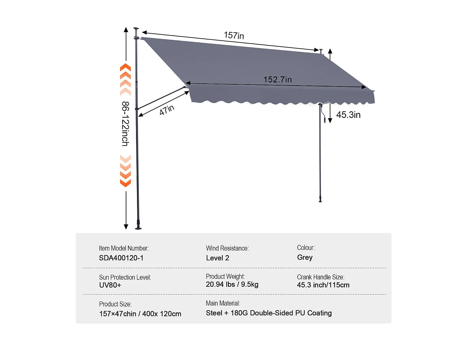 Auvent Rétractable SucceBuy, 399 x 119 cm, Auvent de Terrasse, Abri pare-Soleil avec Manivelle, Gris foncé