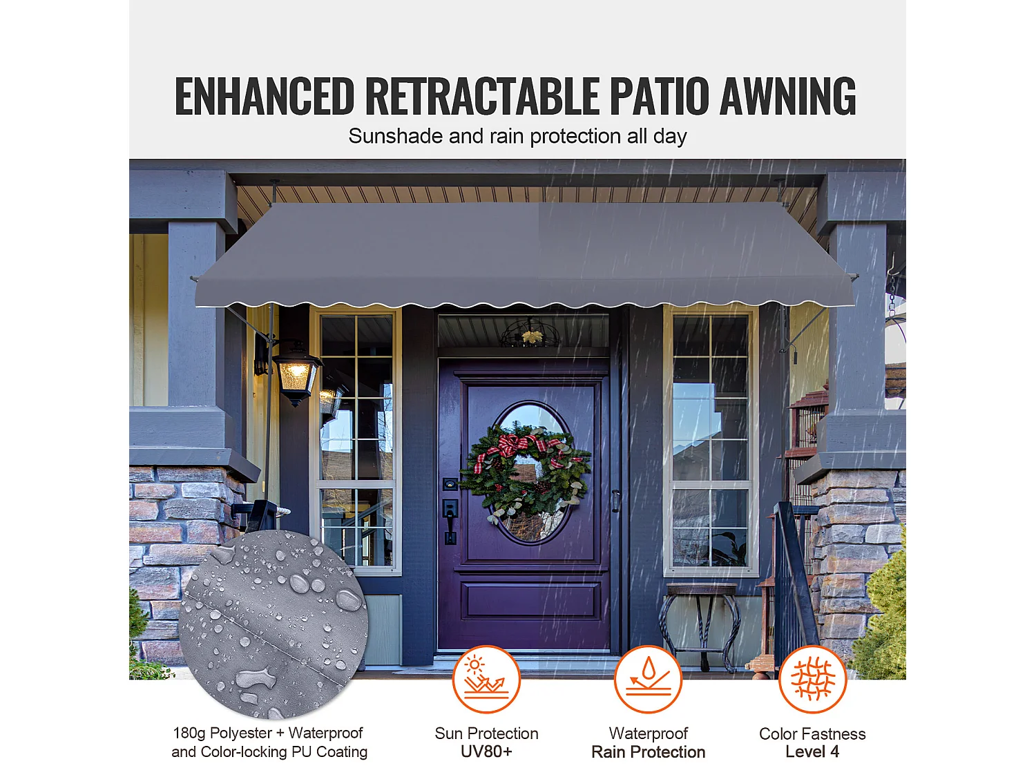 Auvent Rétractable SucceBuy, 399 x 119 cm, Auvent de Terrasse, Abri pare-Soleil avec Manivelle, Gris foncé