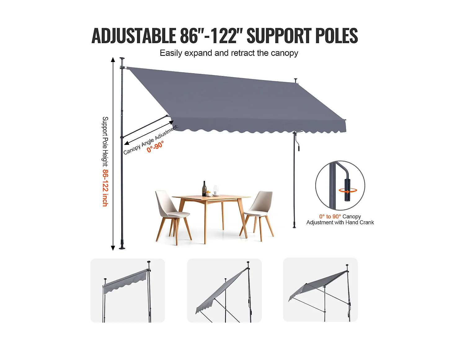 Auvent Rétractable SucceBuy, 399 x 119 cm, Auvent de Terrasse, Abri pare-Soleil avec Manivelle, Gris foncé