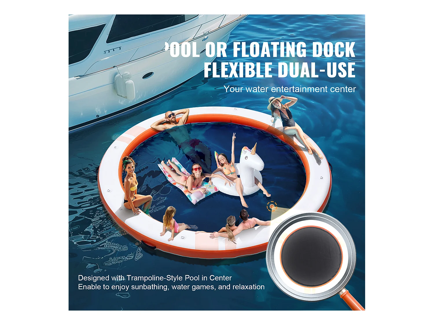 Plateforme Flottante Gonflable, SucceBuy Quai Flottant Gonflable, Plateforme de 305 cm avec Piscine en Maille de 244 cm