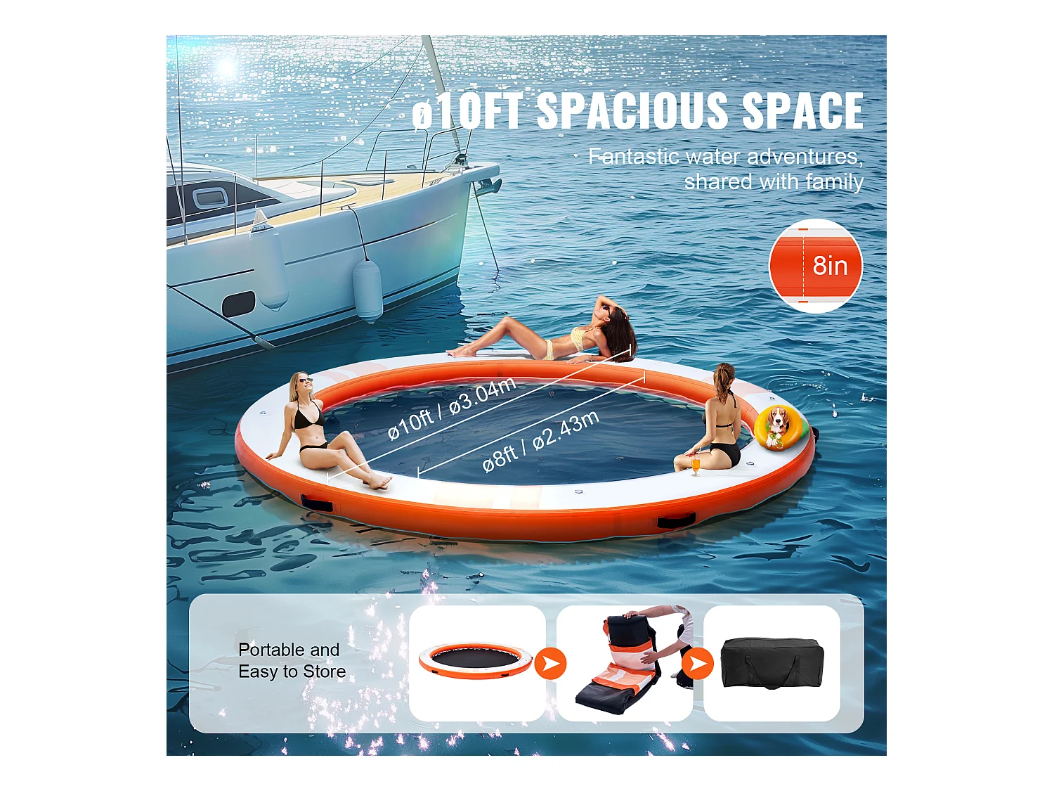 Plateforme Flottante Gonflable, SucceBuy Quai Flottant Gonflable, Plateforme de 305 cm avec Piscine en Maille de 244 cm