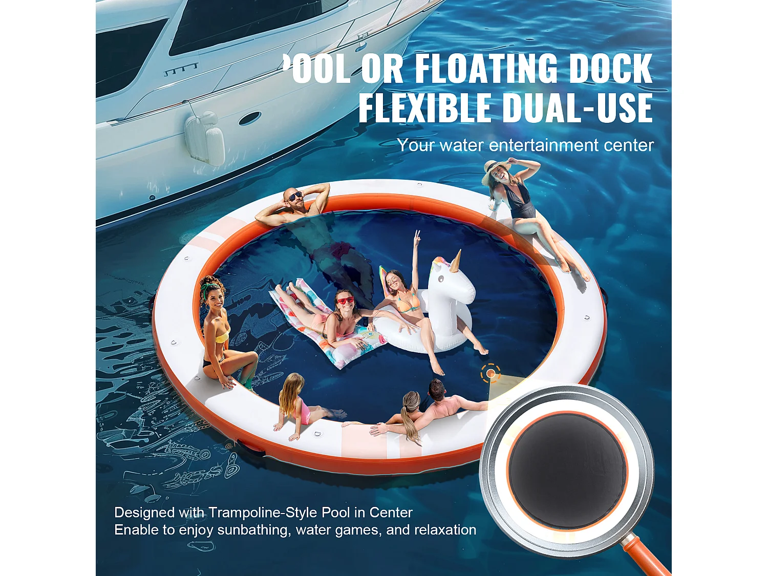 Plateforme Flottante Gonflable, SucceBuy Quai Flottant Gonflable, Plate-Forme de 3 m avec Piscine en Maille de 2.4 m, Amovible pour Piscine