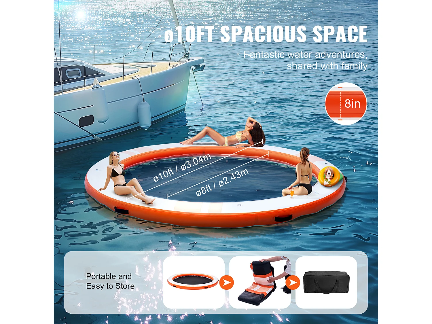 Plateforme Flottante Gonflable, SucceBuy Quai Flottant Gonflable, Plate-Forme de 3 m avec Piscine en Maille de 2.4 m, Amovible pour Piscine