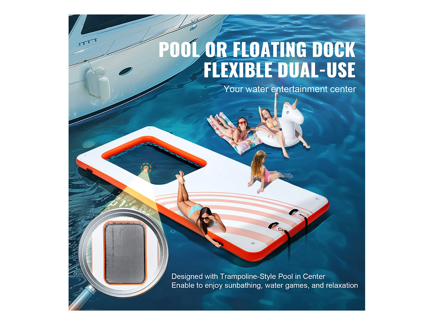 Plateforme Flottante Gonflable, SucceBuy Quai Flottant Gonflable 457x198 cm avec Piscine en Maille 122x183 cm, Plate-Forme Aquatique