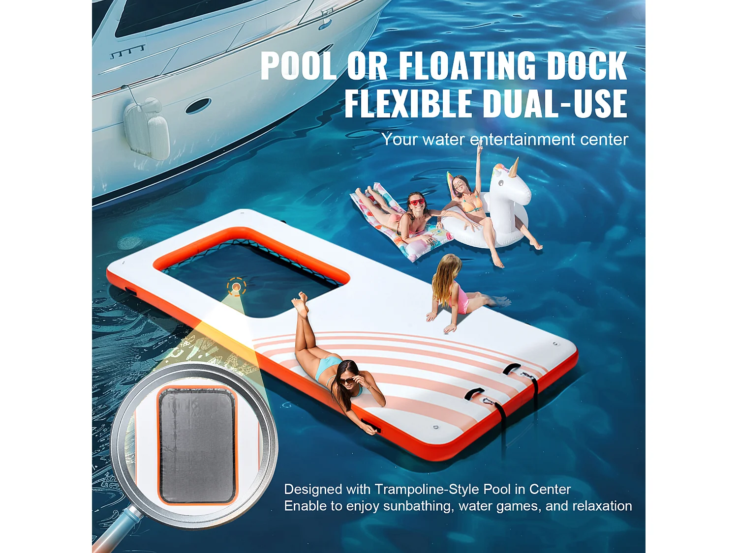 Plateforme Flottante Gonflable, SucceBuy Quai Flottant Gonflable 457x198 cm avec Piscine en Maille 122x183 cm, Plate-Forme Aquatique