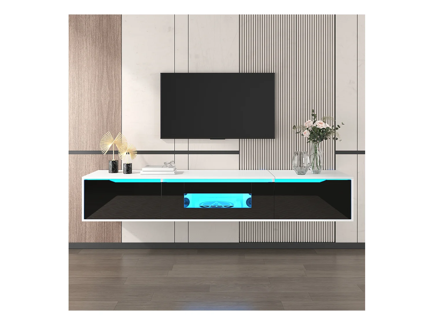 Meuble TV suspendu - Meuble TV brillant avec éclairage LED réglable - 3 portes - noir et blanc - pour salon et bureau