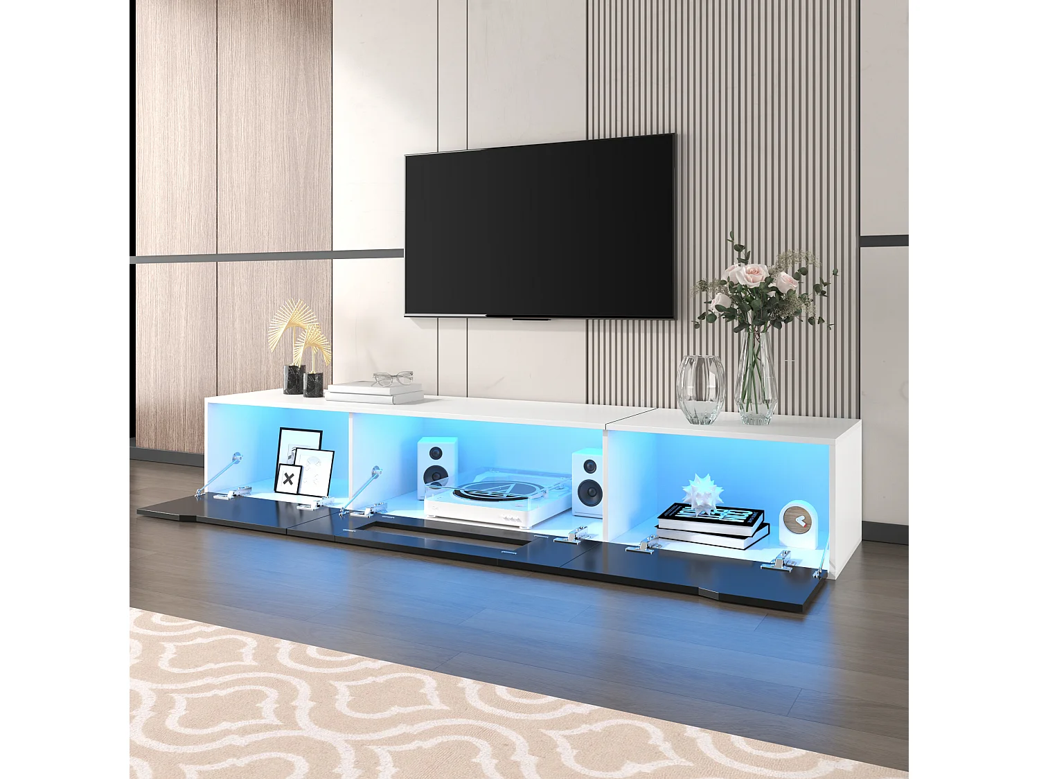 Meuble TV suspendu - Meuble TV brillant avec éclairage LED réglable - 3 portes - noir et blanc - pour salon et bureau