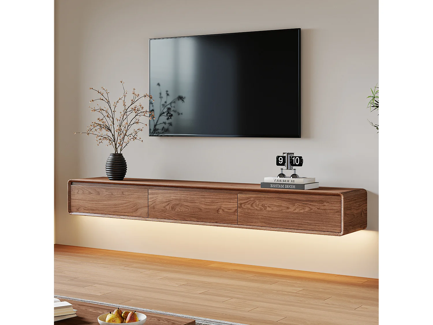 Meuble TV Moderne Effet Noyer, 3 Tiroirs, Pied/Mural, Pour TV 65–85", Design Mid-Century, Console Salon 200 cm