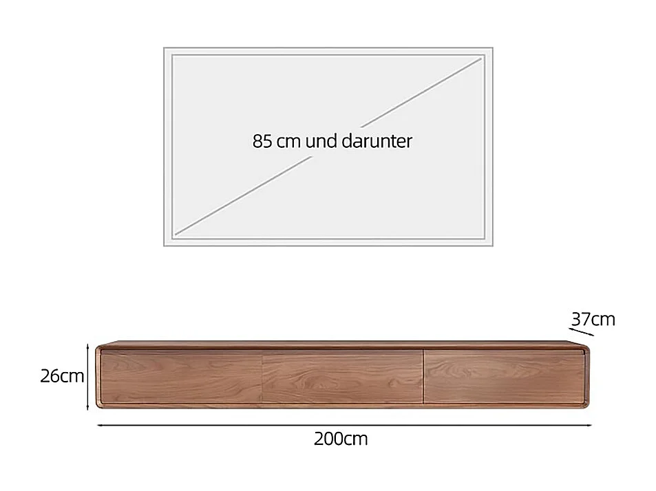 Meuble TV Moderne Effet Noyer, 3 Tiroirs, Pied/Mural, Pour TV 65–85", Design Mid-Century, Console Salon 200 cm