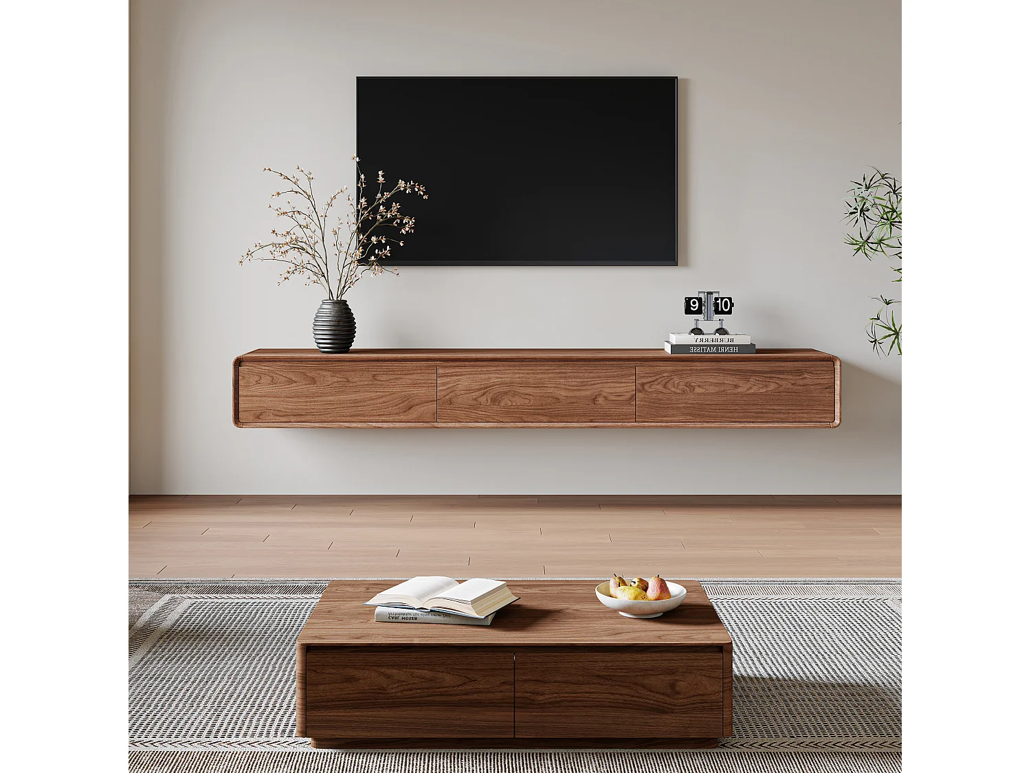 Meuble TV Moderne Effet Noyer, 3 Tiroirs, Pied/Mural, Pour TV 65–85", Design Mid-Century, Console Salon 200 cm