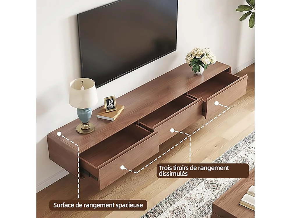 Meuble TV Moderne Effet Noyer, 3 Tiroirs, Pied/Mural, Pour TV 65–85", Design Mid-Century, Console Salon 200 cm