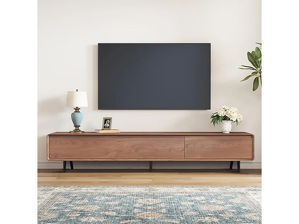 Meuble TV Moderne Effet Noyer, 3 Tiroirs, Pied/Mural, Pour TV 65–85", Design Mid-Century, Console Salon 200 cm