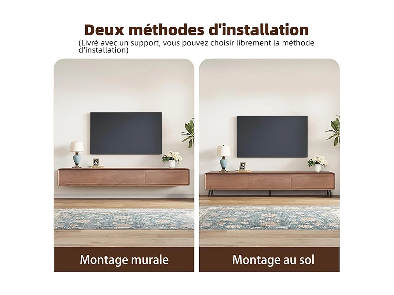 Meuble TV Moderne Effet Noyer, 3 Tiroirs, Pied/Mural, Pour TV 65–85", Design Mid-Century, Console Salon 200 cm