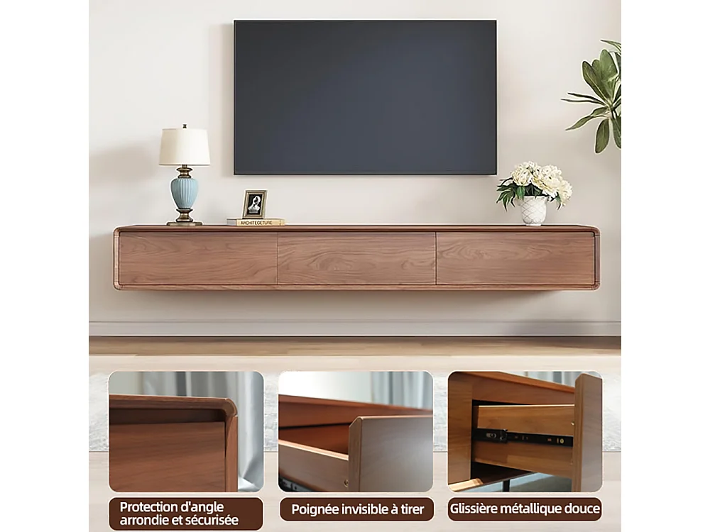 Meuble TV Moderne Effet Noyer, 3 Tiroirs, Pied/Mural, Pour TV 65–85", Design Mid-Century, Console Salon 200 cm