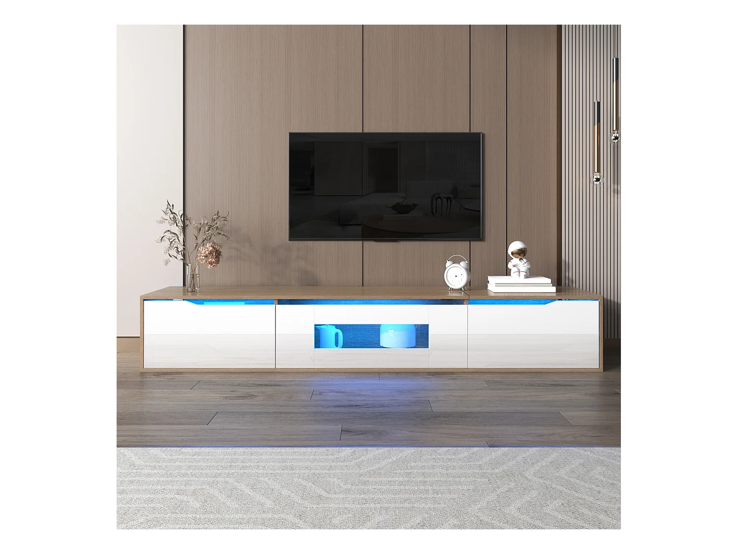 Meuble TV suspendu - Meuble TV de salon avec éclairage LED réglable - 3 portes - couleur bois et blanc