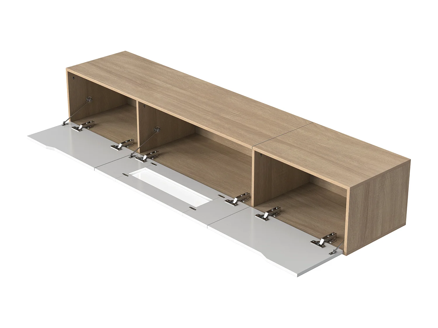 Meuble TV suspendu - Meuble TV de salon avec éclairage LED réglable - 3 portes - couleur bois et blanc