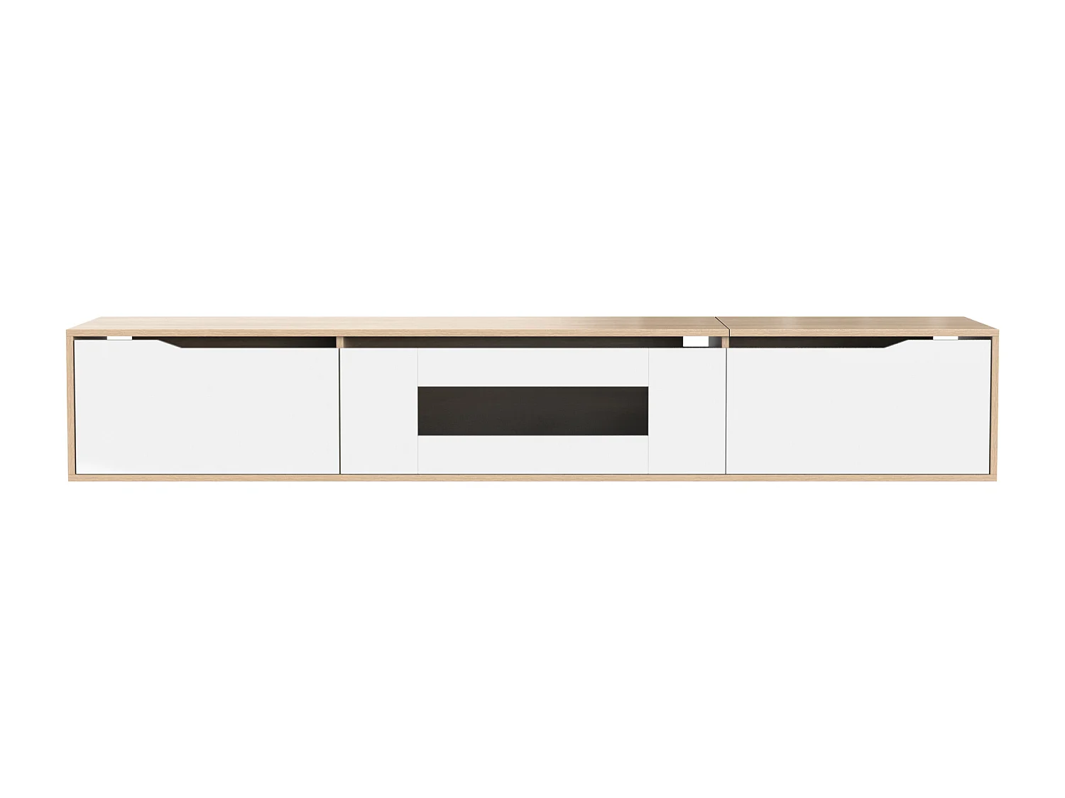 Meuble TV suspendu - Meuble TV de salon avec éclairage LED réglable - 3 portes - couleur bois et blanc