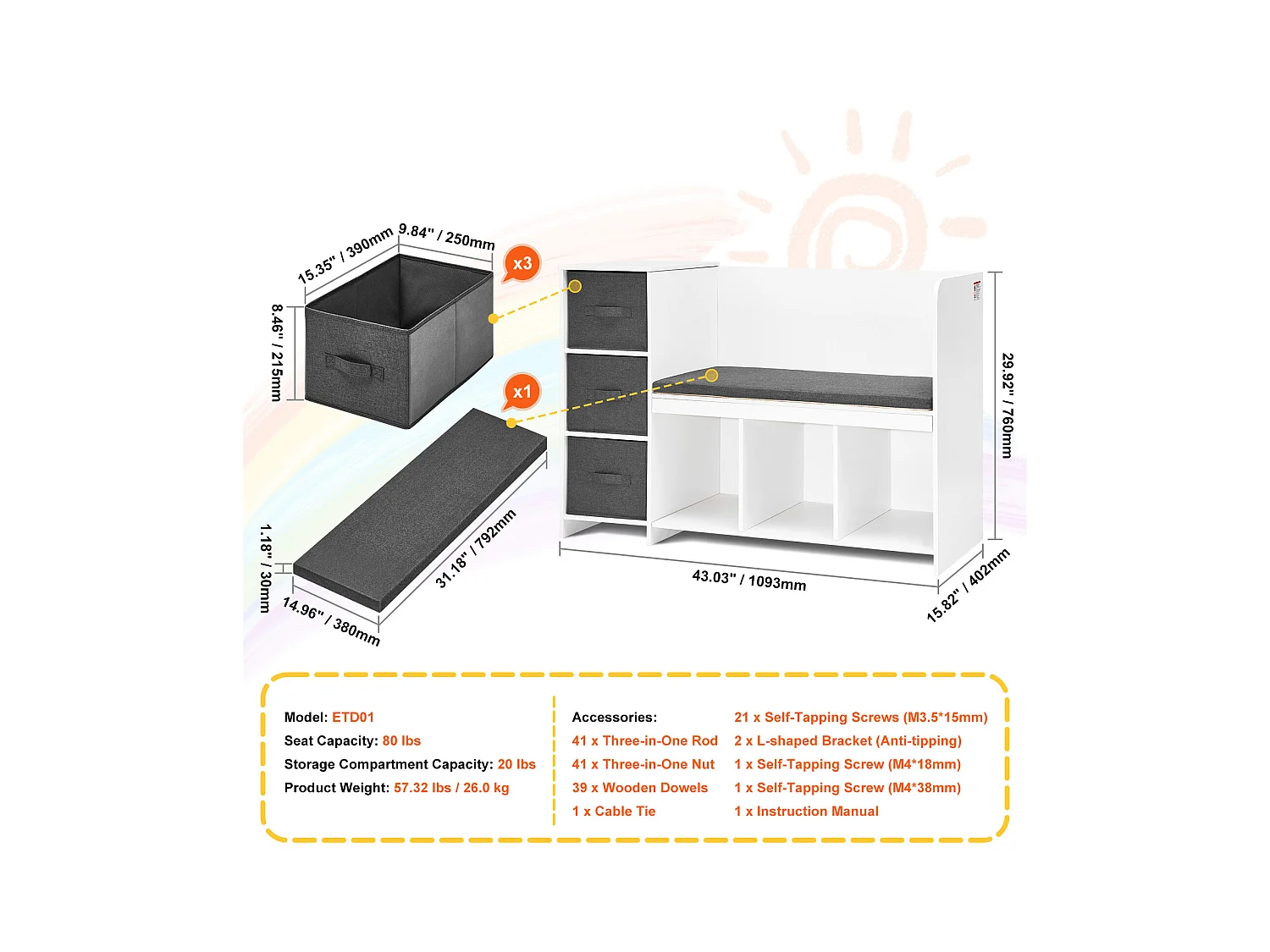 Banc de Lecture SucceBuy pour Enfants avec 6 Compartiments de Rangement et Coussin Blanc, Créant un Environnement Confortable Idéal pour le Jeu et la Lecture
