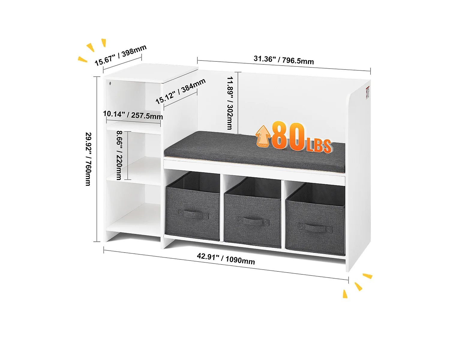 Banc de Lecture SucceBuy pour Enfants avec 6 Compartiments de Rangement et Coussin Blanc, Créant un Environnement Confortable Idéal pour le Jeu et la Lecture