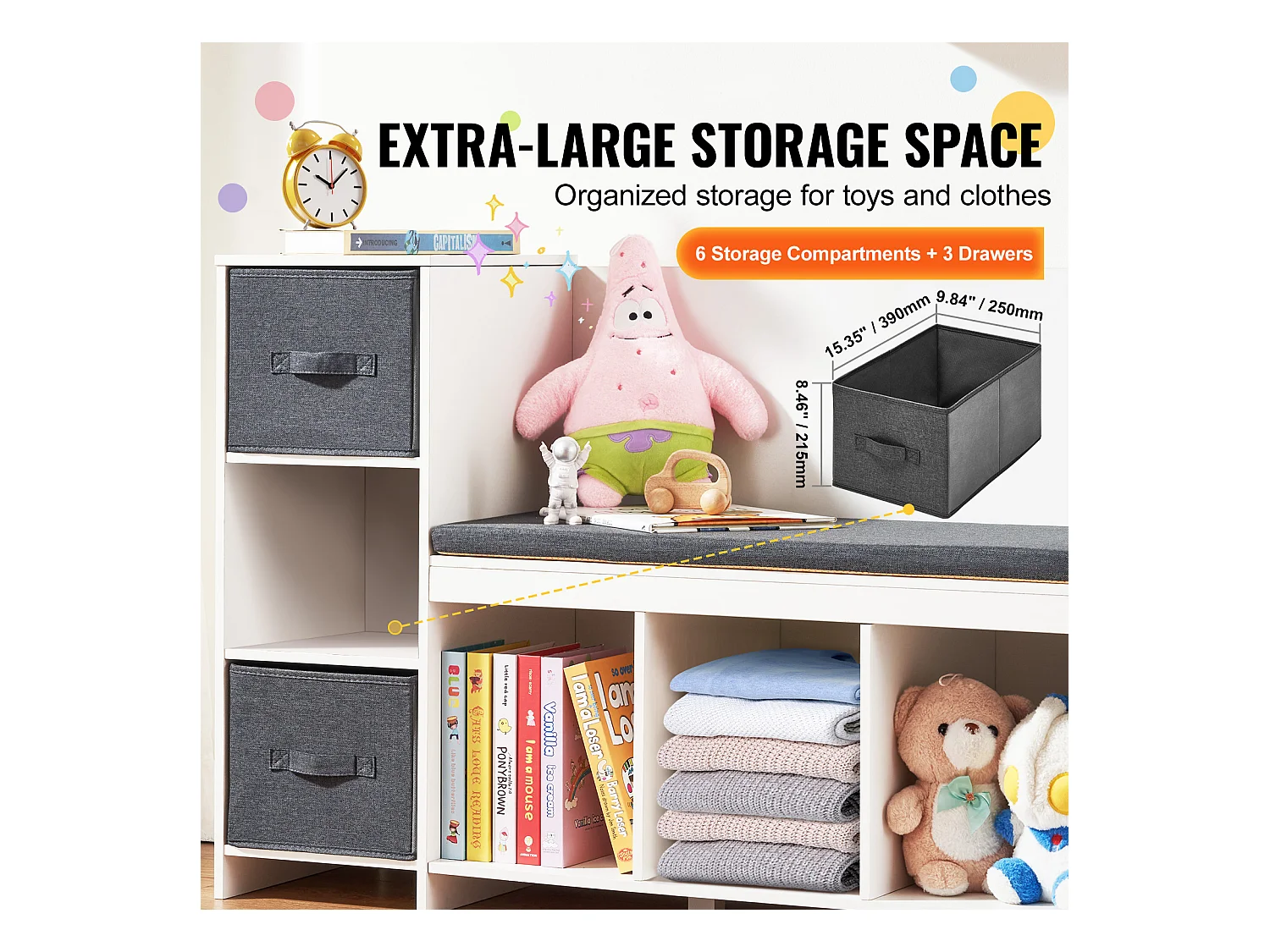 Banc de Lecture SucceBuy pour Enfants avec 6 Compartiments de Rangement et Coussin Blanc, Créant un Environnement Confortable Idéal pour le Jeu et la Lecture