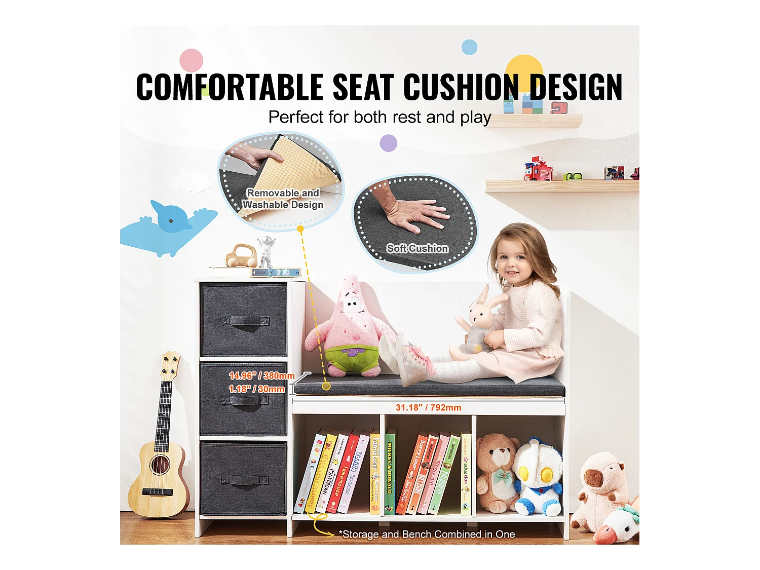 Banc de Lecture SucceBuy pour Enfants avec 6 Compartiments de Rangement et Coussin Blanc, Créant un Environnement Confortable Idéal pour le Jeu et la Lecture