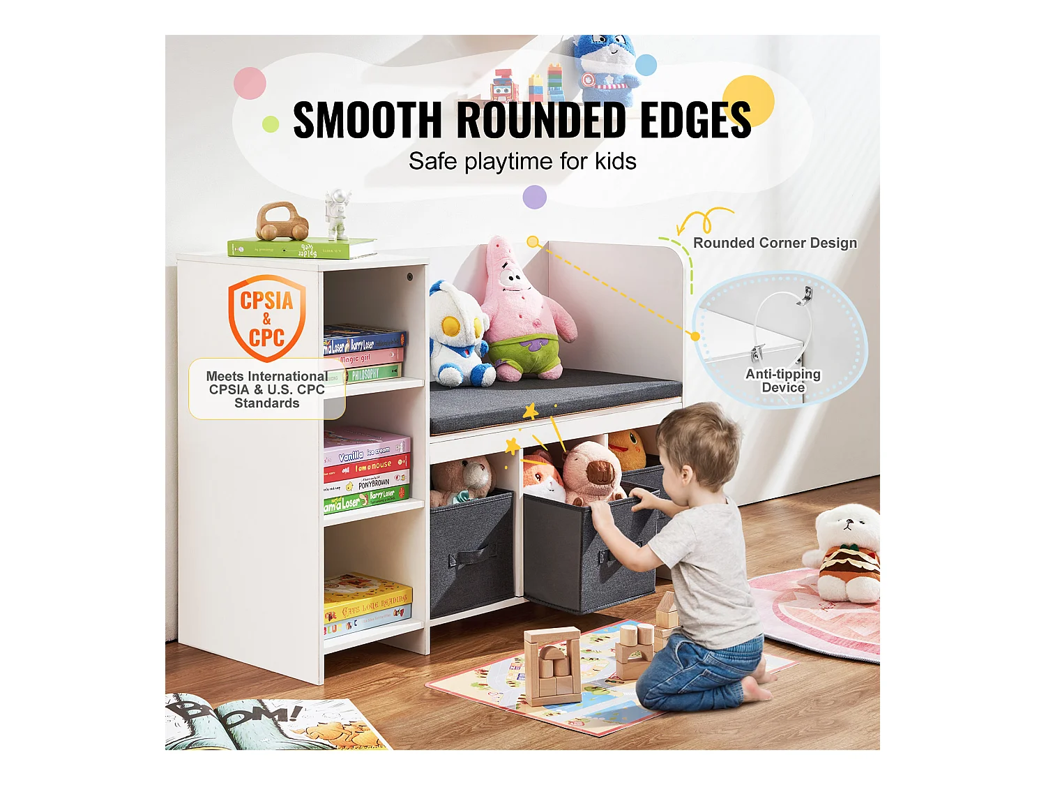 Banc de Lecture SucceBuy pour Enfants avec 6 Compartiments de Rangement et Coussin Blanc, Créant un Environnement Confortable Idéal pour le Jeu et la Lecture