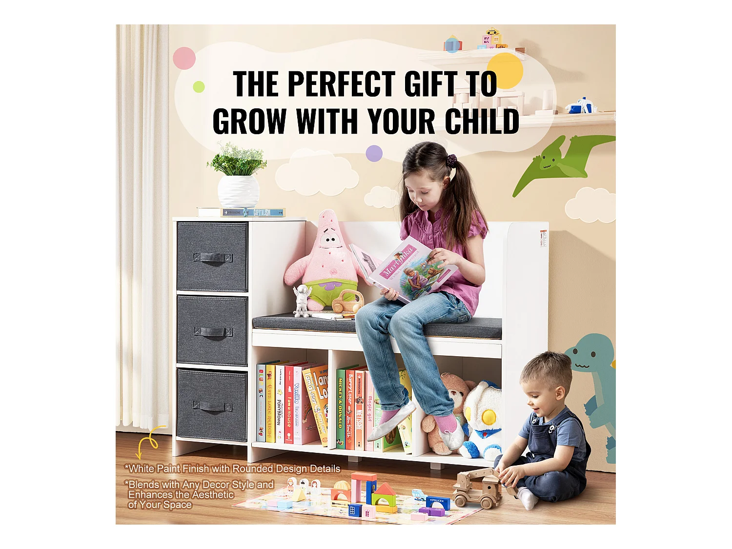 Banc de Lecture SucceBuy pour Enfants avec 6 Compartiments de Rangement et Coussin Blanc, Créant un Environnement Confortable Idéal pour le Jeu et la Lecture