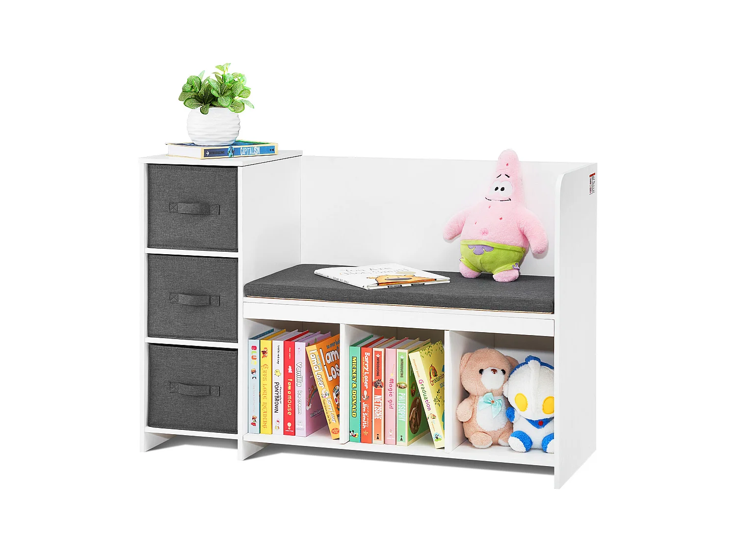Banc de Lecture SucceBuy pour Enfants avec 6 Compartiments de Rangement et Coussin Blanc, Créant un Environnement Confortable Idéal pour le Jeu et la Lecture