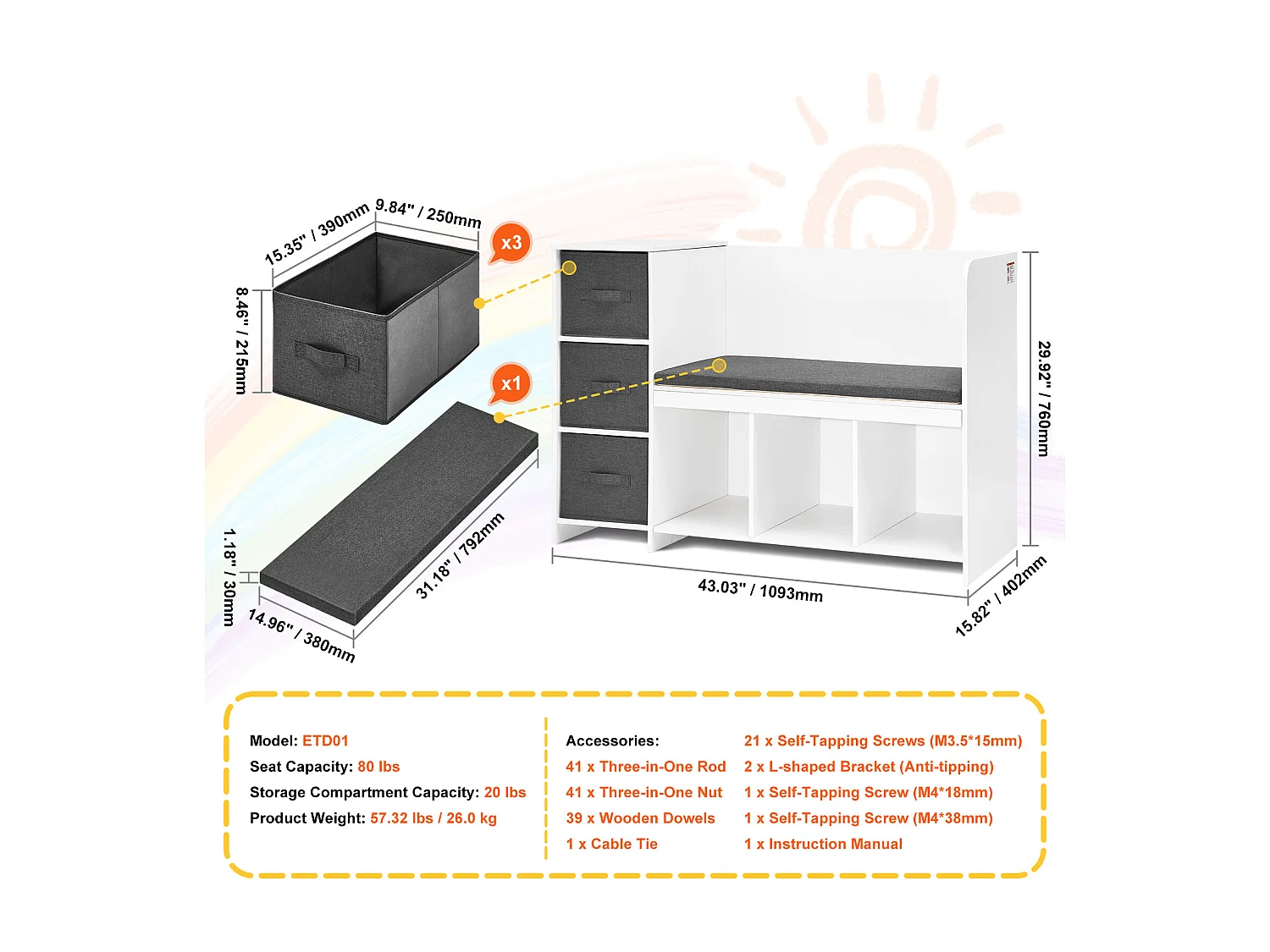 Banc de Lecture SucceBuy pour Enfants avec 6 Compartiments de Rangement et Coussin Blanc, Créant un Environnement Confortable Idéal pour le Jeu et la Lecture
