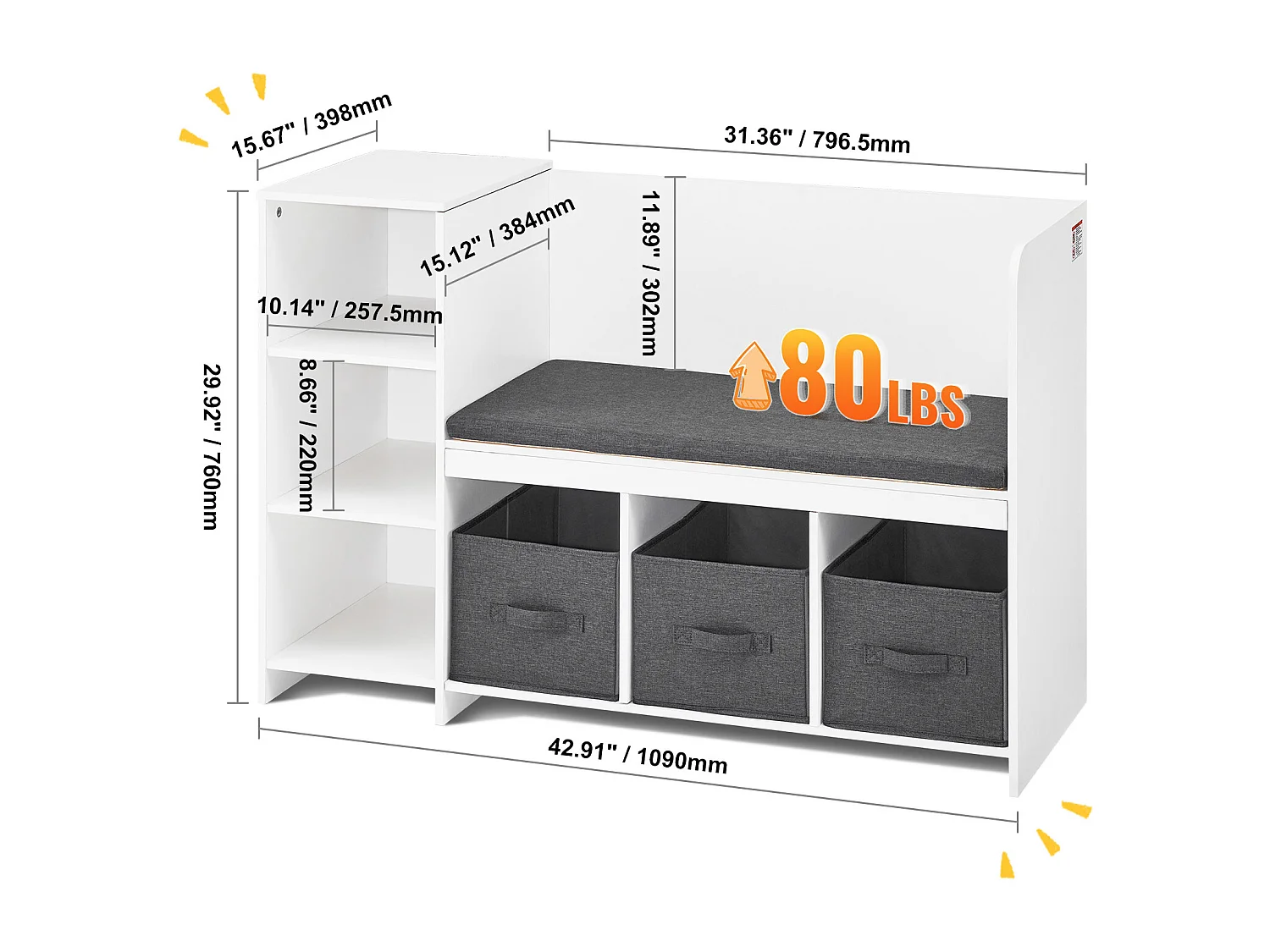 Banc de Lecture SucceBuy pour Enfants avec 6 Compartiments de Rangement et Coussin Blanc, Créant un Environnement Confortable Idéal pour le Jeu et la Lecture