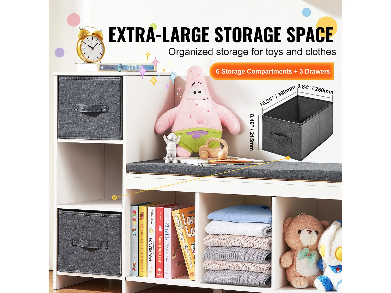 Banc de Lecture SucceBuy pour Enfants avec 6 Compartiments de Rangement et Coussin Blanc, Créant un Environnement Confortable Idéal pour le Jeu et la Lecture