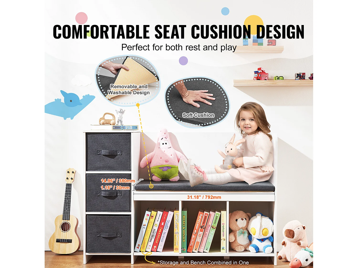 Banc de Lecture SucceBuy pour Enfants avec 6 Compartiments de Rangement et Coussin Blanc, Créant un Environnement Confortable Idéal pour le Jeu et la Lecture